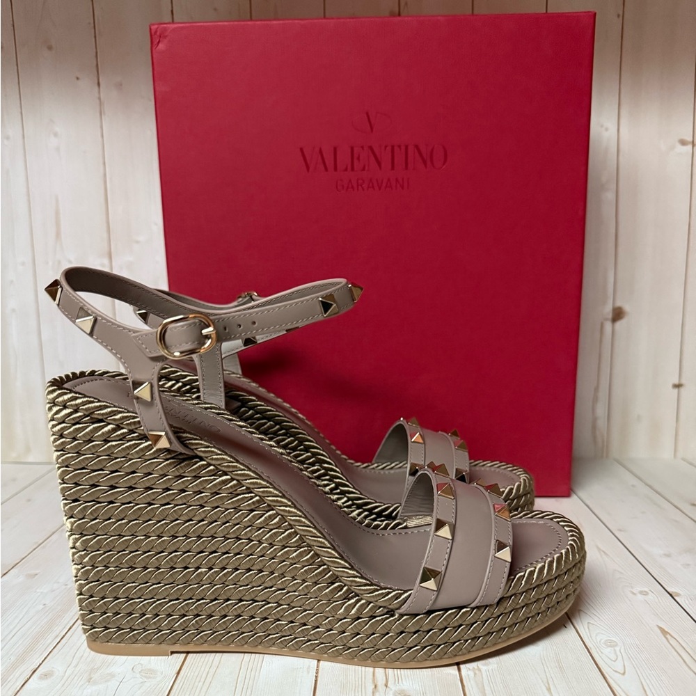 Valentino Garavani Rockstud Torchon Espadrille Wedge Taupe Sz 41 / 11 - Picture 3 of 15
